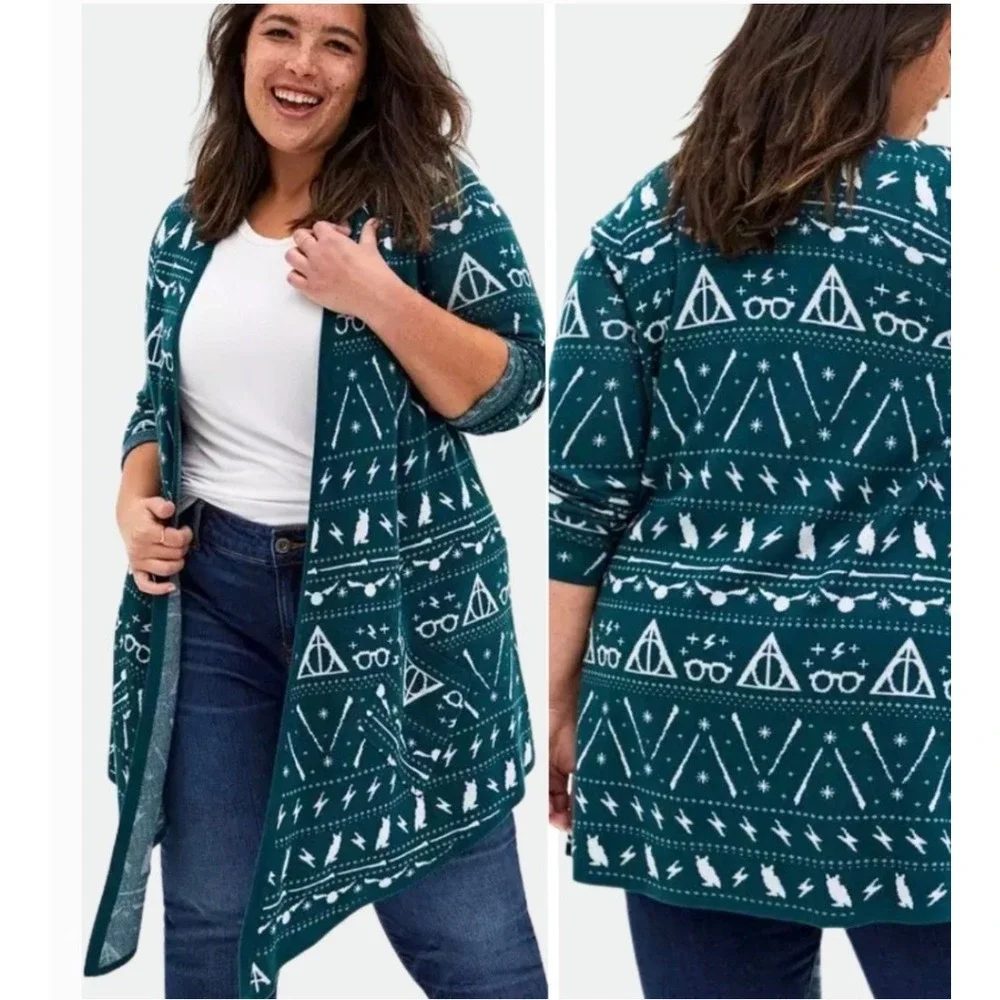 Torrid Harry Potter Green Fair Isle Cardigan Deathly Hallows Plus Size 5 5X